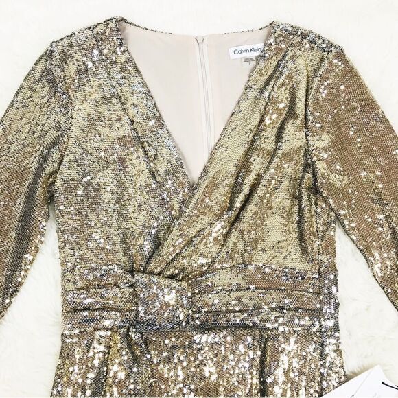 CALVIN KLEIN Gold Sequin Cocktail Dress Knee Length Faux Wrap Party Size 4 6 New - Picture 3 of 10